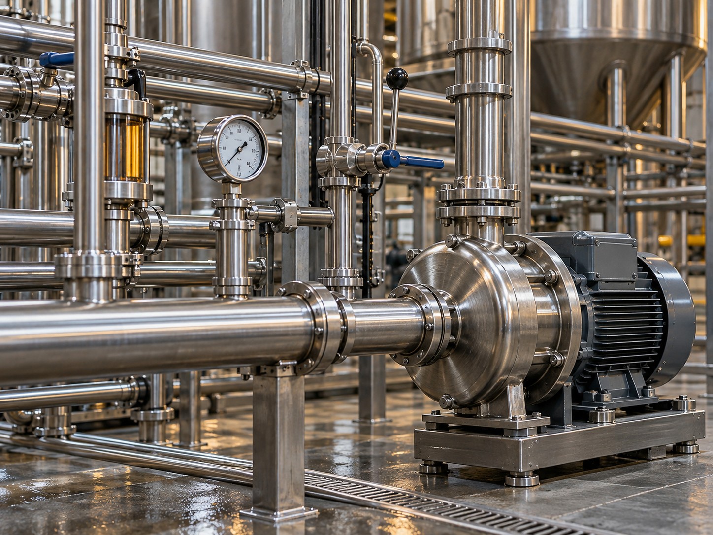 Illustrative stainless steel process piping and pump in a production plant
